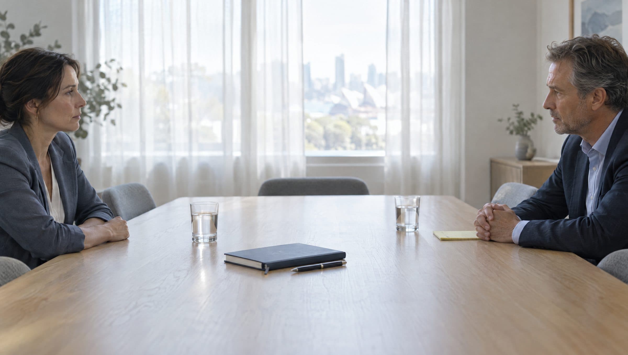 Two colleagues seated at opposite ends of a long meeting table in a bright office, the middle of the table empty.