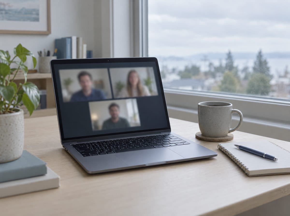 A laptop on a home-office desk showing a blurred video call with three people.